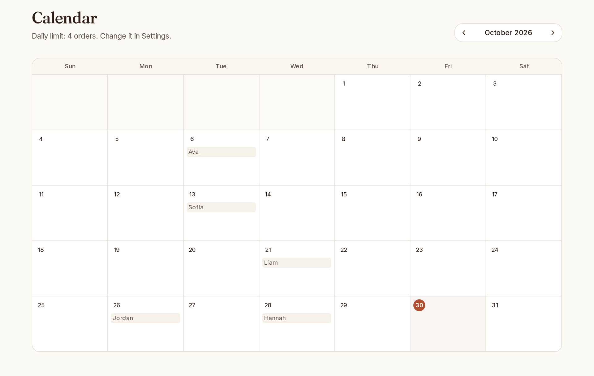 Monthly calendar of orders