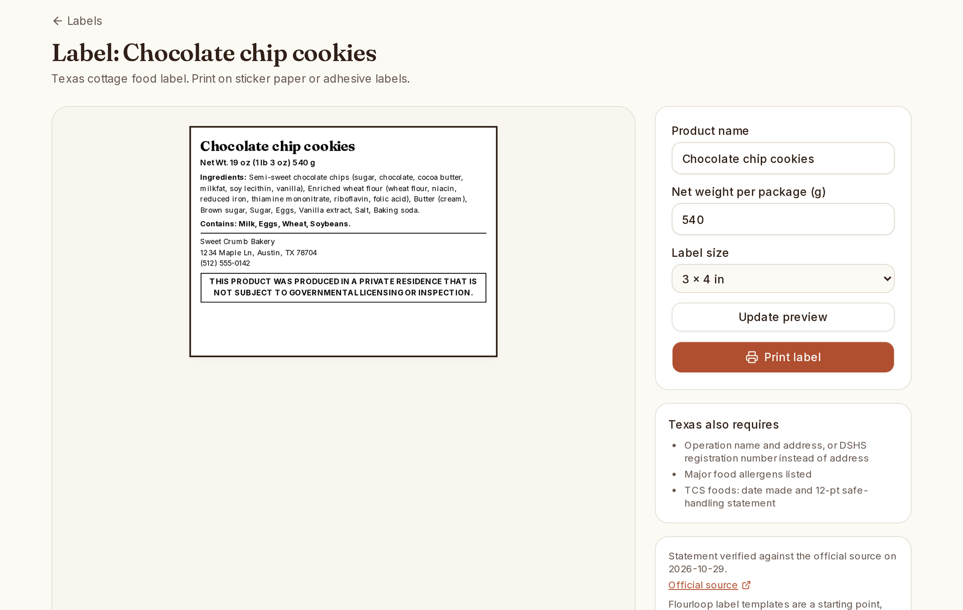 Printable cottage food label preview