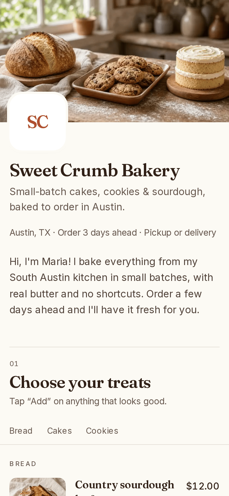 A baker's Flourloop order page on a phone with photos of cakes and cookies